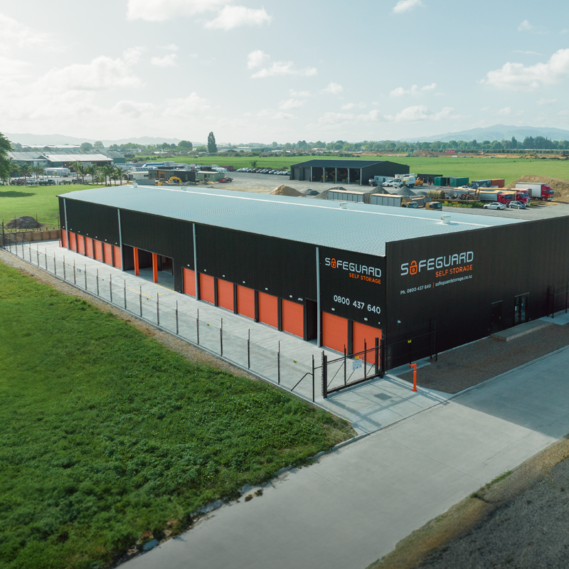 Aerial view of black Safeguard self storage building in Cambridge, New Zealand