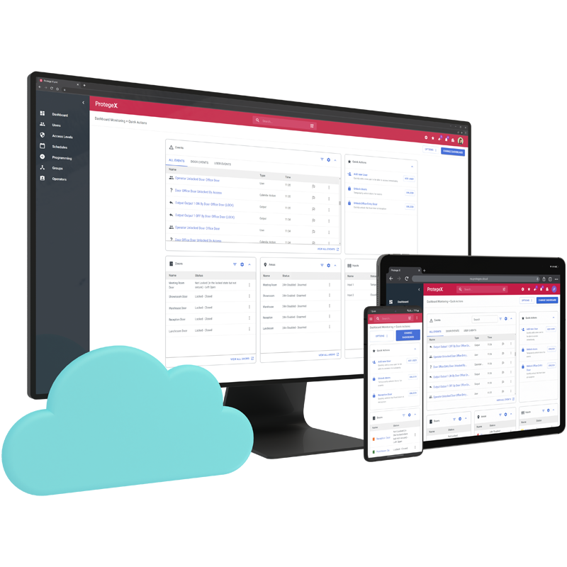 Selection of devices with information on their screens behind an illustration of a cloud