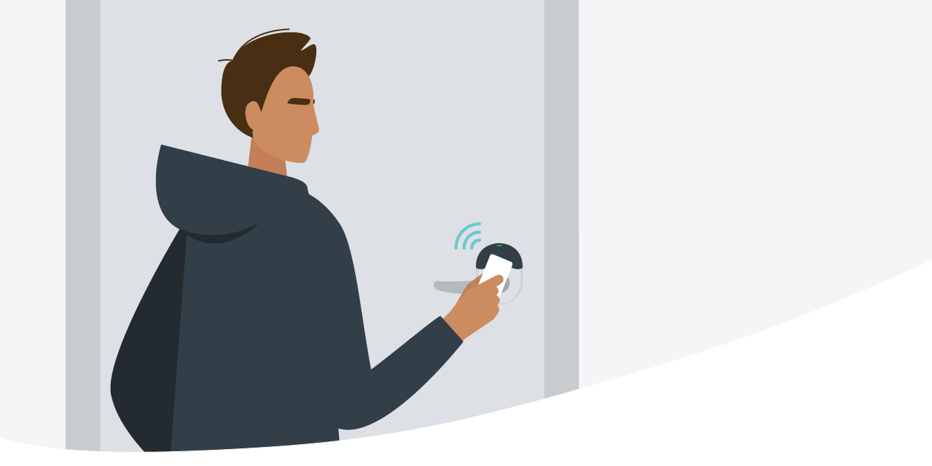 Illustration of a man at a door using a card to open a wireless lock